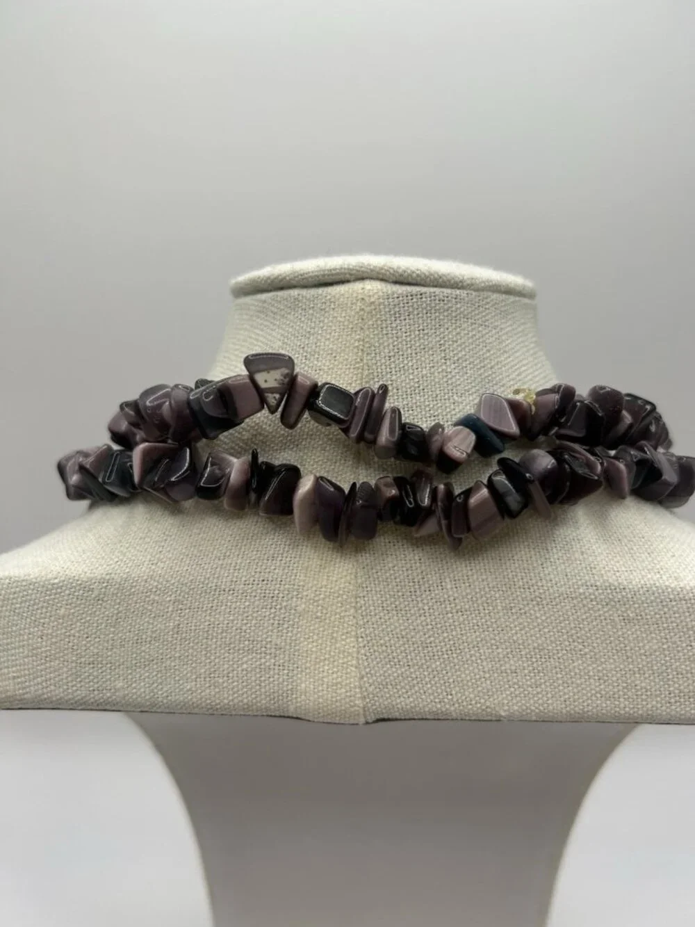 Purple Cat’s Eye Glass Chip Necklace Long 32” Boho Statement Vintage Jewelry
